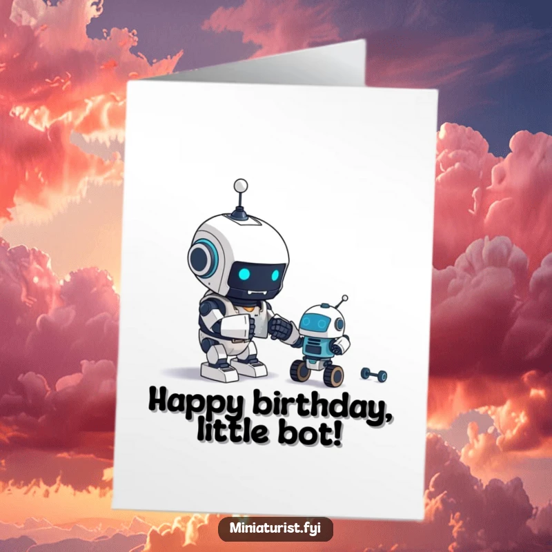 Funny Free Printable Birthday Card featuring a tiny robot character excitedly assembling an even tinier robot with tools.
