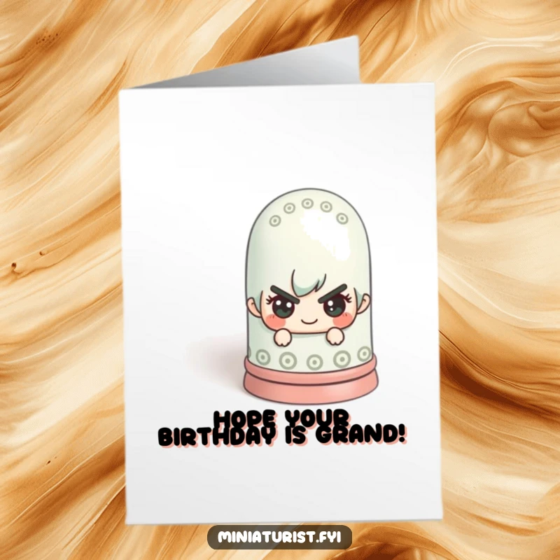 Free Printable Birthday Card: A tiny figure with a mischievous grin hiding behind a giant thimble, a sneaky DIY gift.