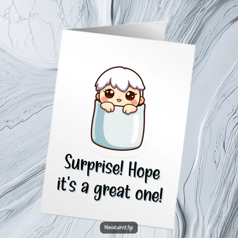 Funny Free Printable Birthday Card featuring a miniature character peeking out from a thimble with a wide-eyed surprised expression.