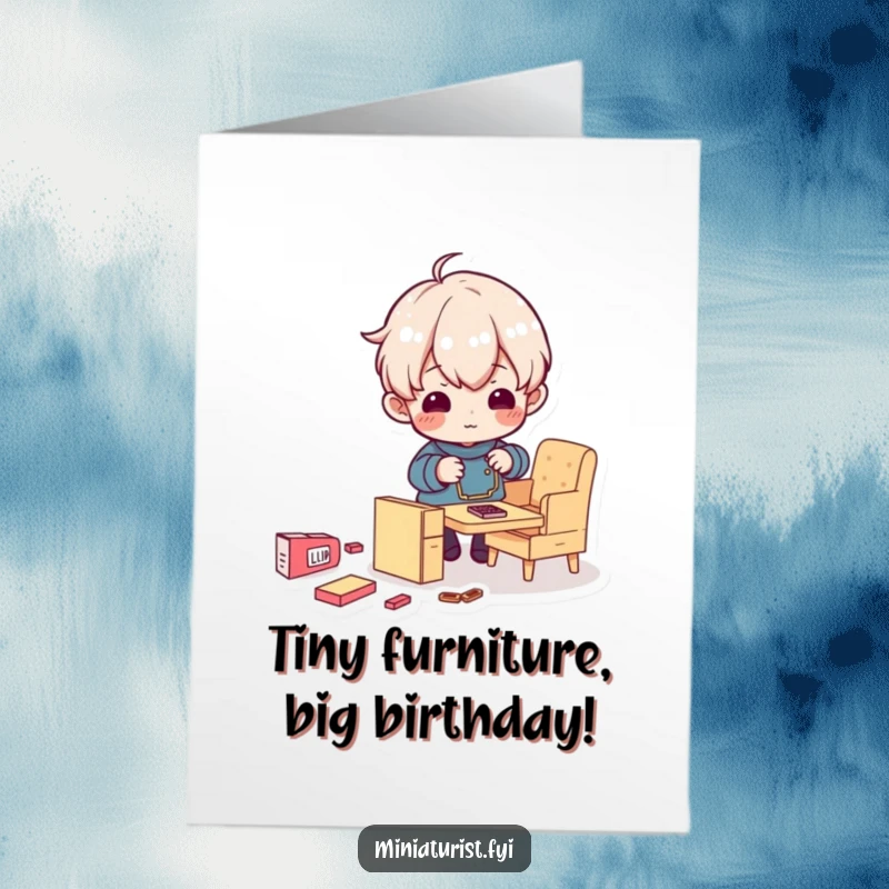 Funny Free Printable Birthday Card: Tiny character sweats assembling IKEA furniture with a mischievous grin, DIY gift.