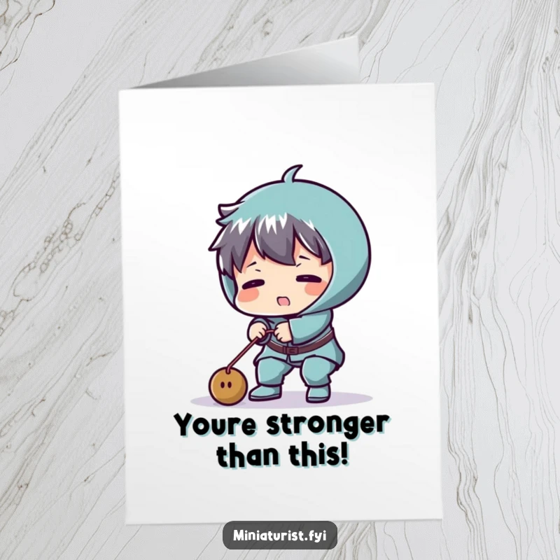 Funny Free Printable Birthday Card: Tiny character strains to lift a feather-light weight, muscles bulging comically, DIY gift.