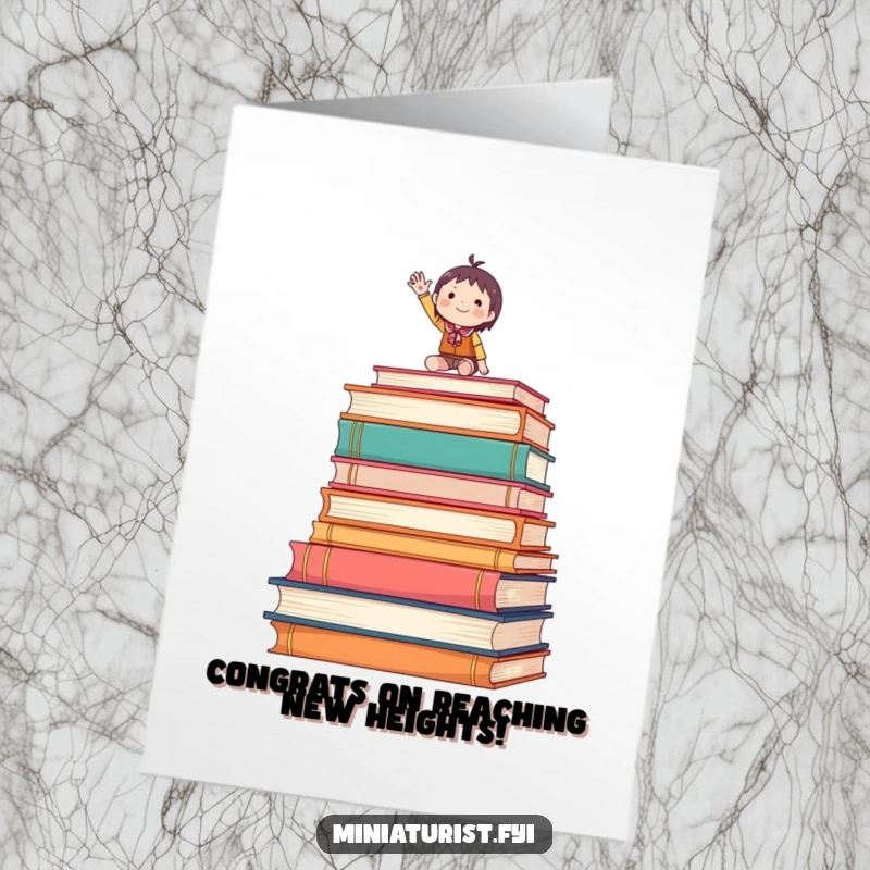 Funny Free Printable Congratulations Card: A small figure waves enthusiastically from atop a stack of oversized books, celebrating success.
