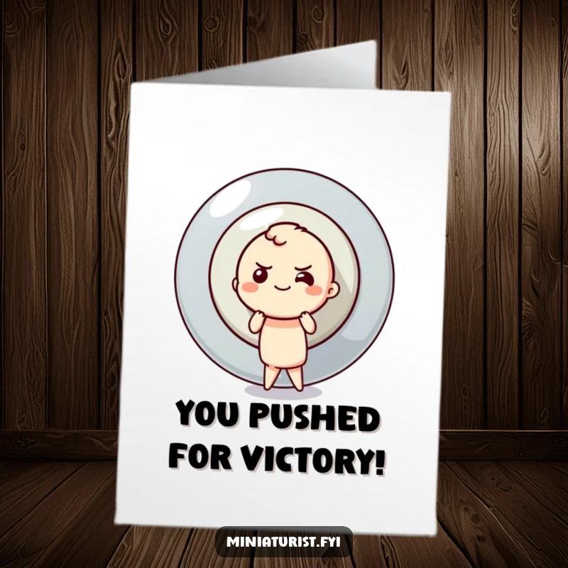 Funny Free Printable Congratulations Card of a character pushing a giant button, signifying a huge successful achievement.