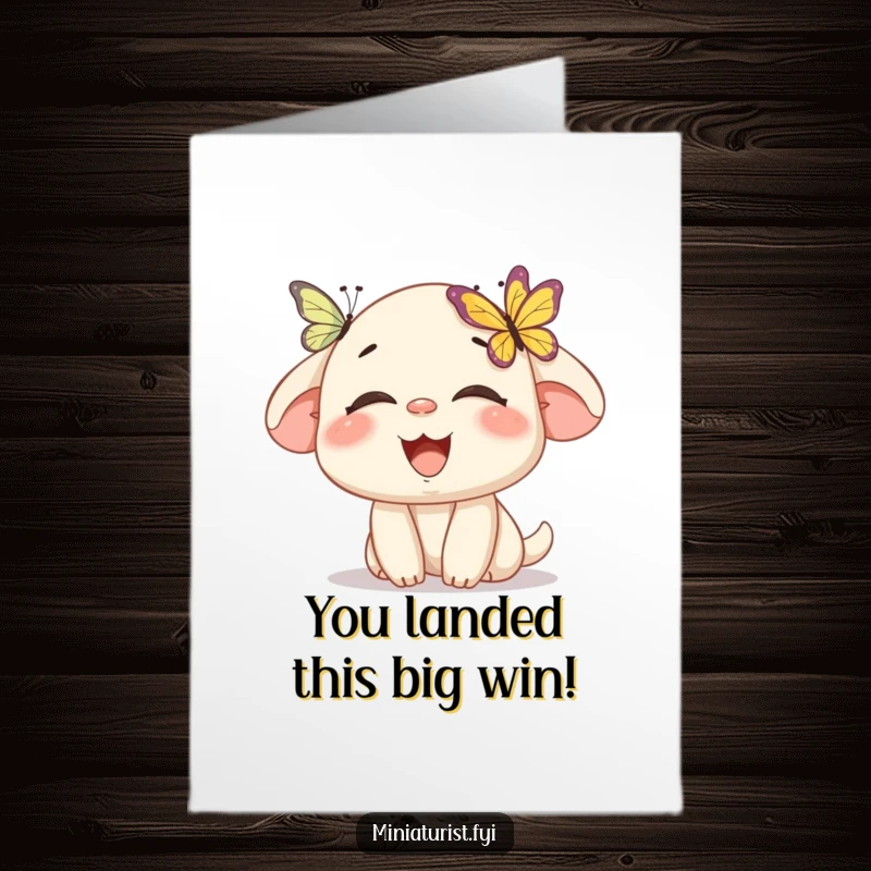 Funny Free Printable Congratulations Card: Small character erupts in laughter as a butterfly lands on its nose, a quirky celebration of achievement.