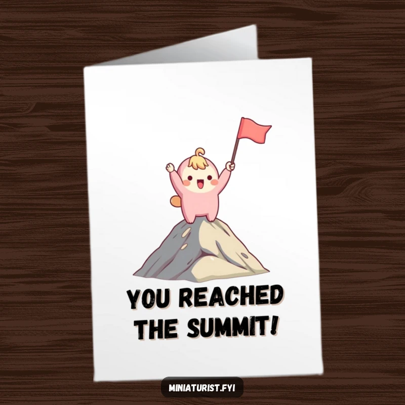 Funny Free Printable Congratulations Card: Joyful small character waves a flag from a mountaintop, celebrating a grand success.