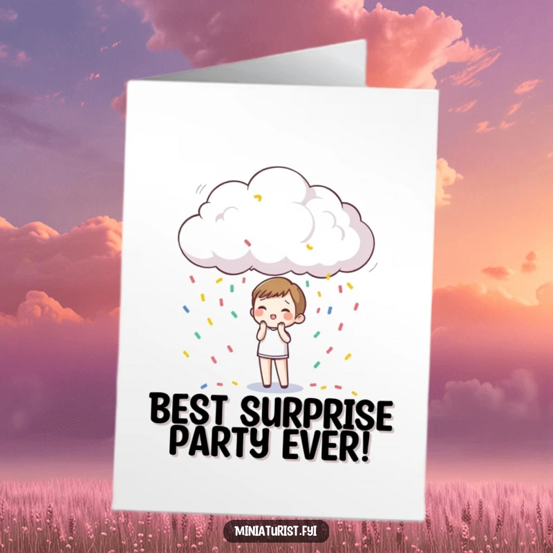 Funny Free Printable Congrats Card: Tiny figure surprised by a miniature raincloud showering confetti, celebrating a momentous occasion.