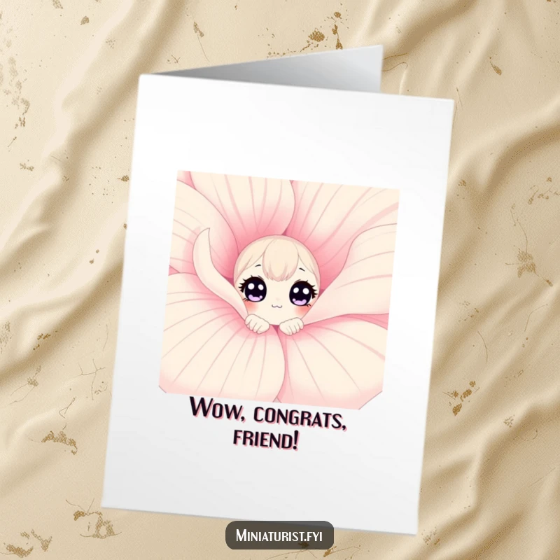 Funny Free Printable Congratulations Card showing a curious character peeking from behind a huge flower petal, celebrating new achievements.