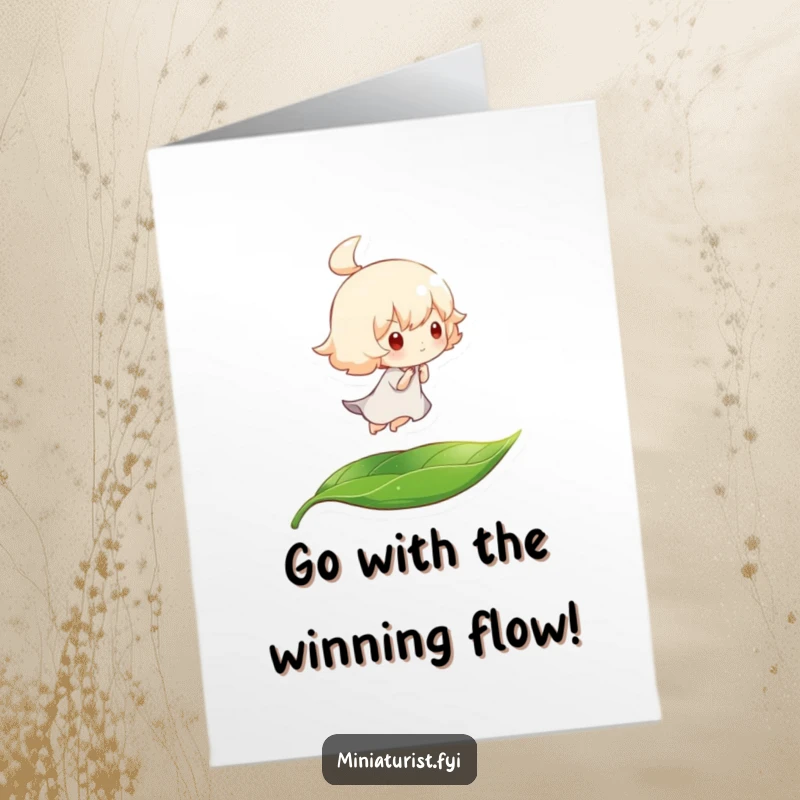 Funny Free Printable Congratulations Card: Small character drifts peacefully on a leaf carried by a gentle breeze, symbolizing a smooth path.