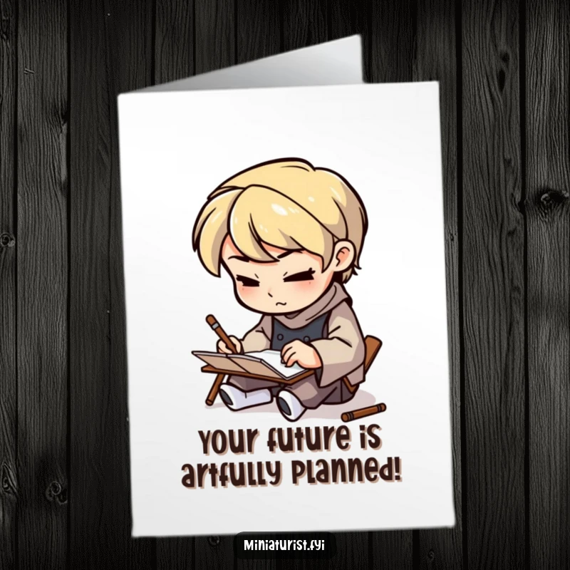 Funny Free Printable Congrats Card: Small artisan with a determined look, meticulously sketching on a very small notepad.