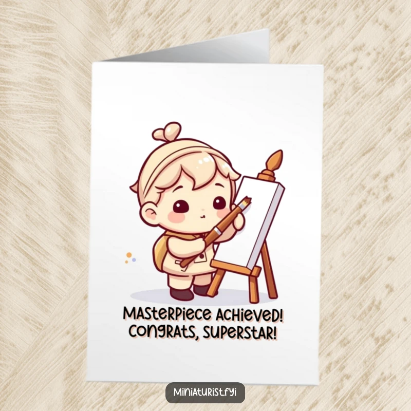 Funny Free Printable Congrats Card: Miniature artist with a colossal paintbrush making a tiny dot, celebrating success humorously.