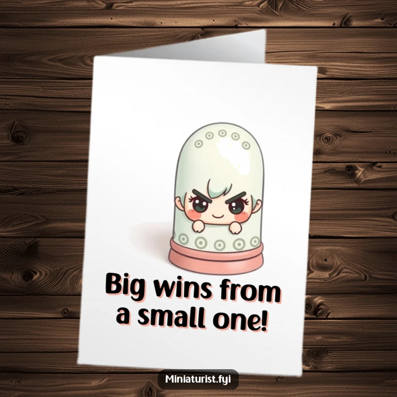 Funny Free Printable Congratulations Card: A playful miniature figure hiding behind a huge thimble, a quirky downloadable gift.