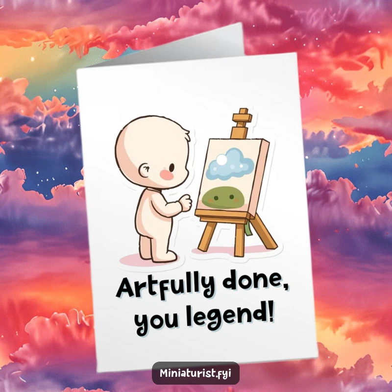Funny Free Printable Congrats Card: A small figure smiling proudly, admiring a finished tiny piece of artwork.