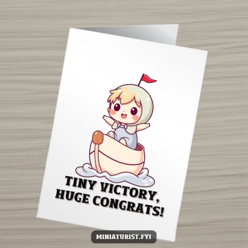 Funny Free Printable Congratulations Card: A tiny character happily riding a thimble like a miniature boat on a grand adventure.
