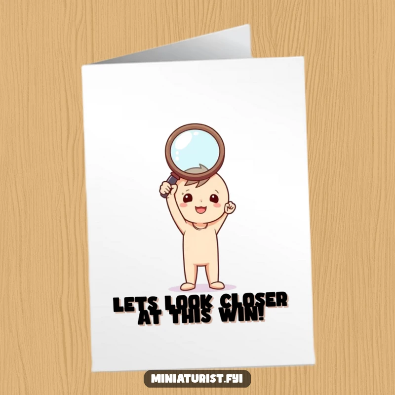 Funny Free Printable Congratulations Card showing a tiny figure triumphantly holding a comically large magnifying glass, celebrating a discovery.