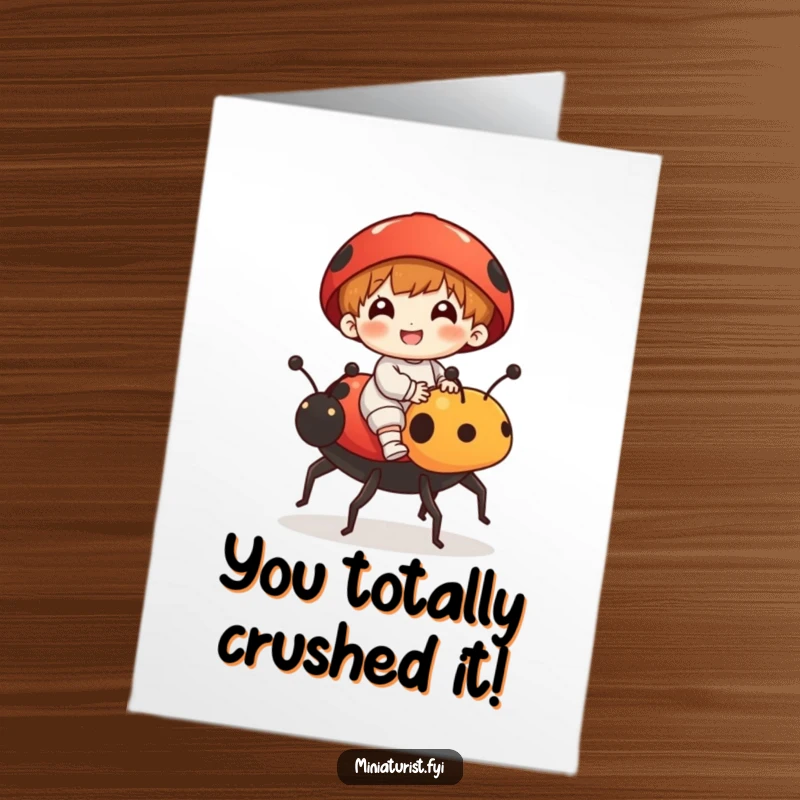 Funny Free Printable Congratulations Card: A tiny rider on a ladybug zooms to celebrate success.