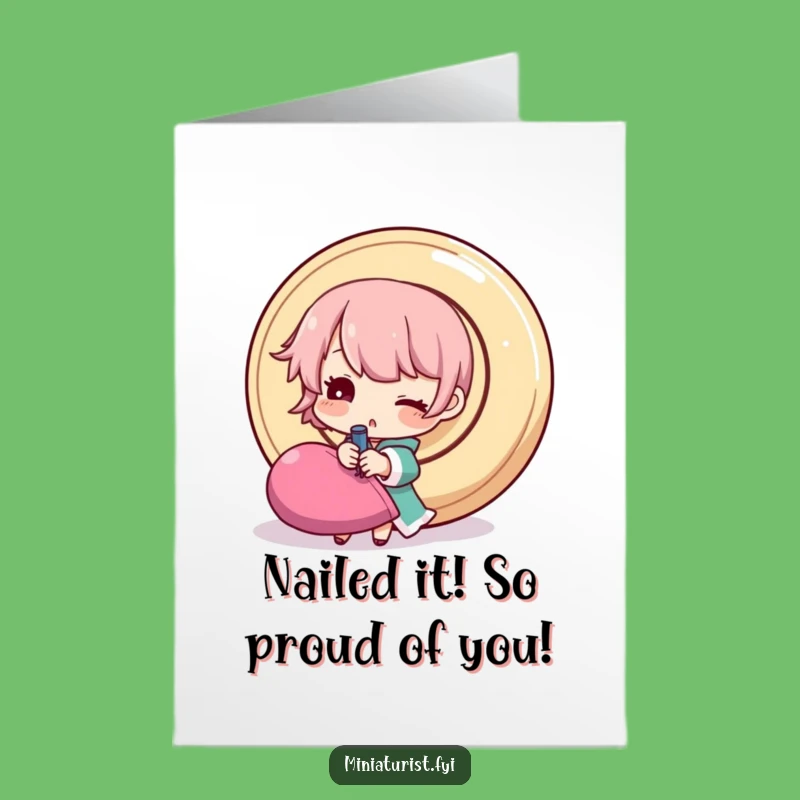 Free Printable Congrats Card: Tiny Character Sewing Big Button, Humorous Achievement Downloadable Gift