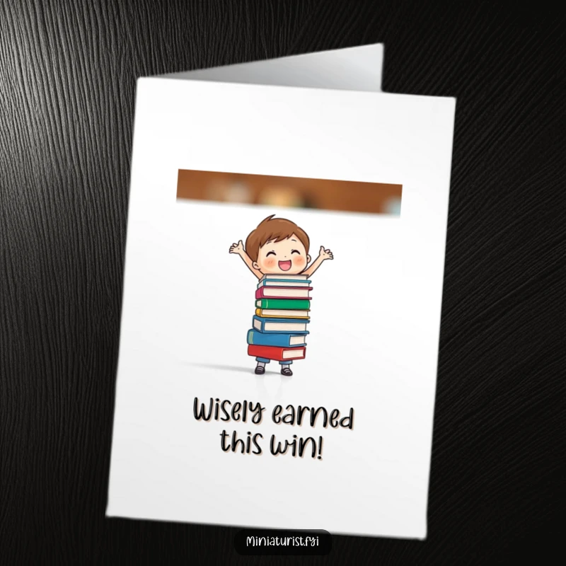 Funny Free Printable Congratulations Card: Miniature figure balances a tower of tiny books, signifying accomplishment.