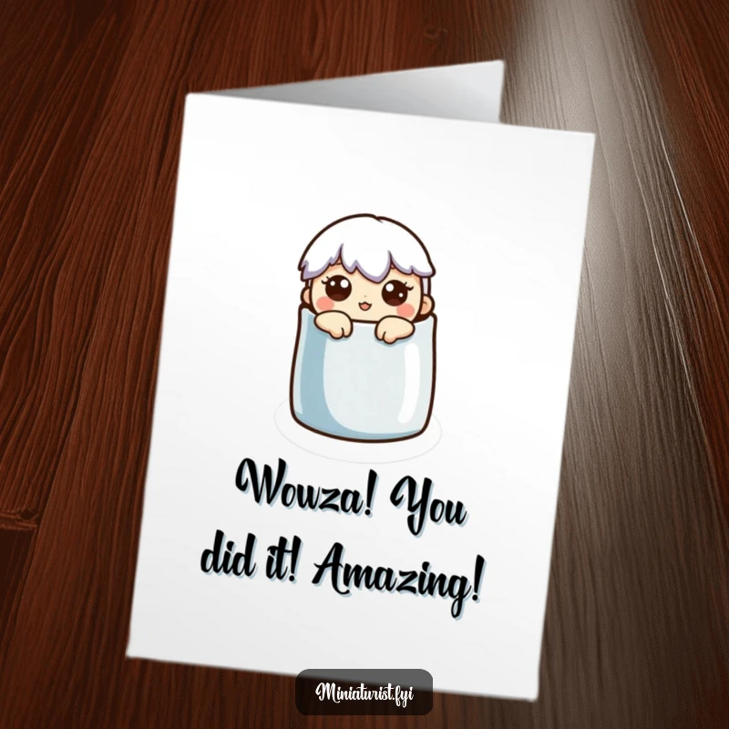 Free Printable Congratulations Card showing a miniature character with a surprised look, peeking out from inside a sewing thimble.