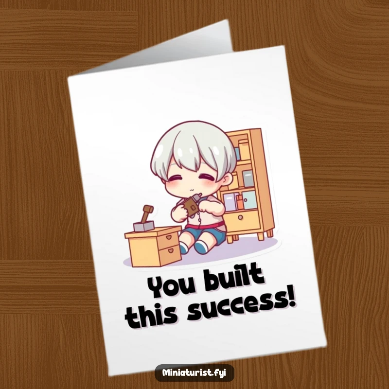 Funny Free Printable Congrats Card: Miniature figure with a small tool, carefully adjusting a tiny piece of furniture.