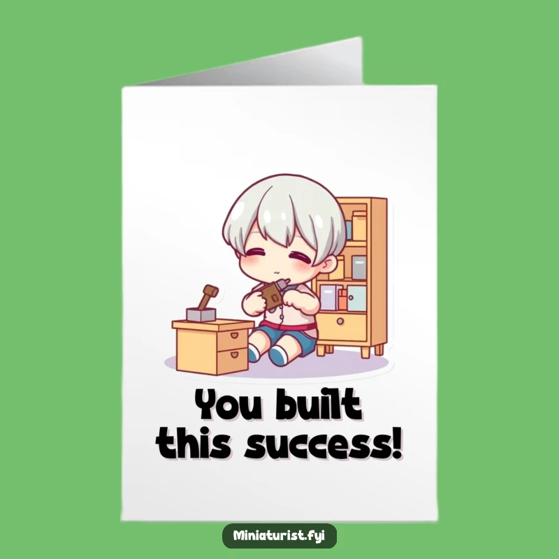 Free Printable Congrats Card: Tiny Fixer Adjusting Furniture, Downloadable Funny Gift