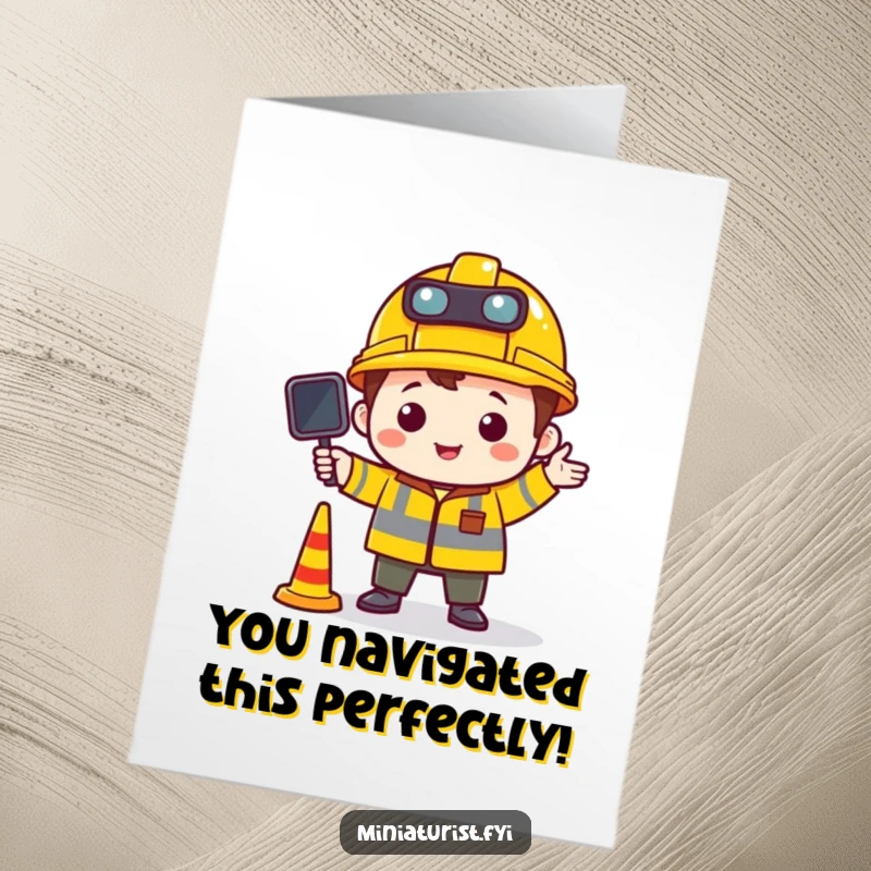 Funny free printable congratulations card: a miniature character in a construction hat directs tiny traffic with authority and precision.