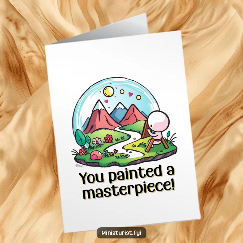 Funny Free Printable Congrats Card: A small figure joyfully painting a microscopic landscape with bright strokes.