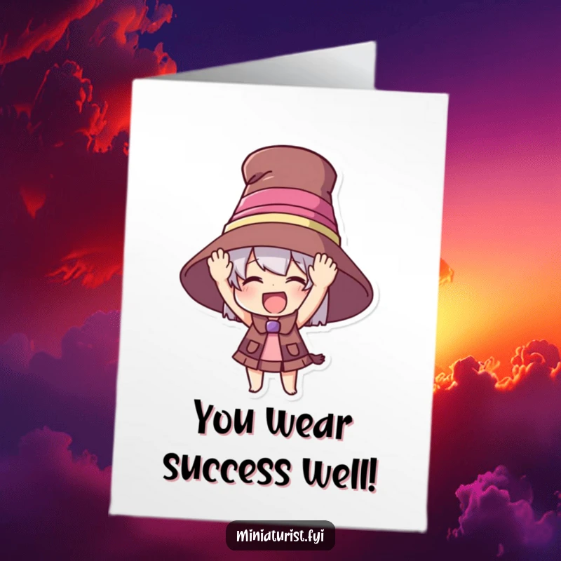 Funny Free Printable Congratulations Card: Miniature character tries on a huge hat, conveying excitement and joy.