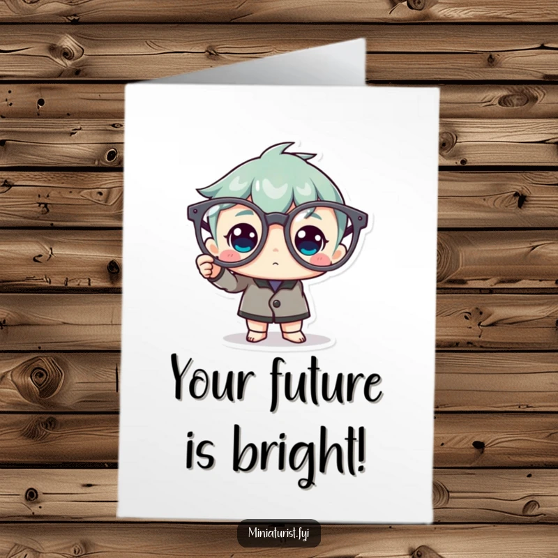 Funny Free Printable Congrats Card: Miniature character proudly polishing gigantic spectacles, signifying a clear and brilliant success.