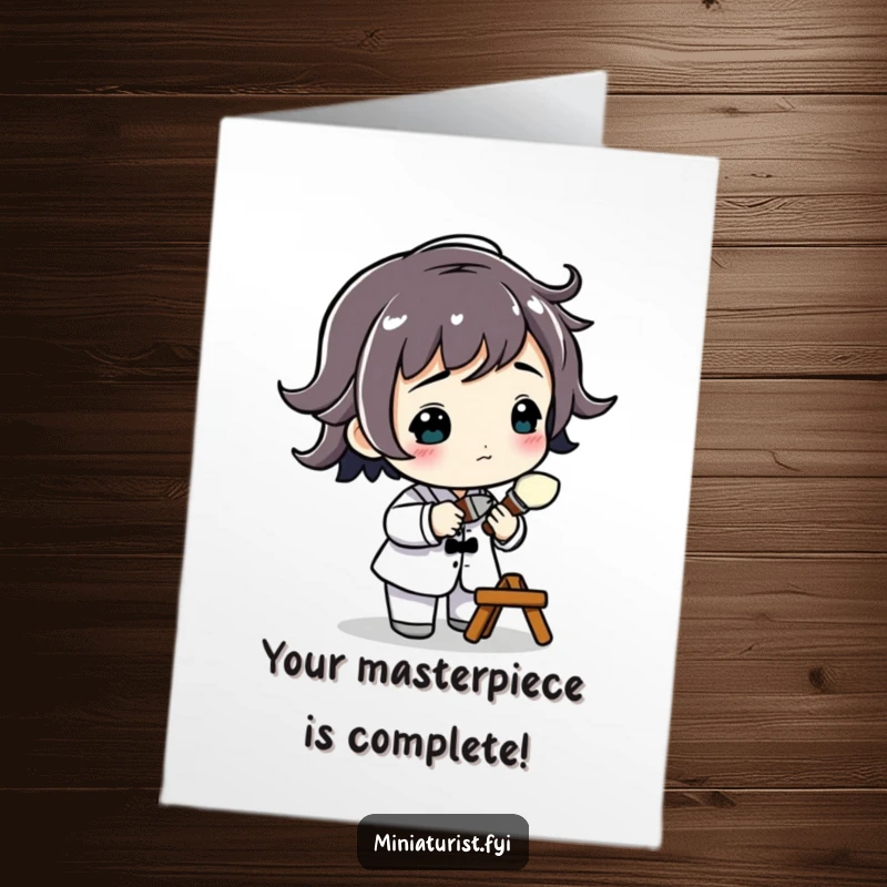 Funny Free Printable Congrats Card: Miniature figure carefully holding a tiny paintbrush, about to add a crucial detail.