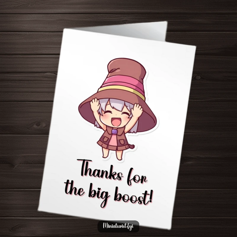 Funny Free Printable Thank You Card: Tiny character sports a comically large hat, sending thanks warmly.