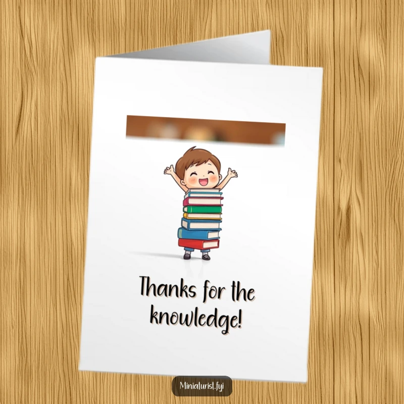 Funny Free Printable Thank You Card: Tiny figure expertly balances small books, sending thanks with charm.