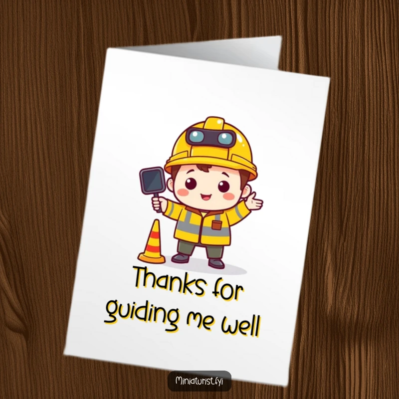 Funny free printable thank you card: a tiny construction character guides miniature traffic, symbolizing order and help.
