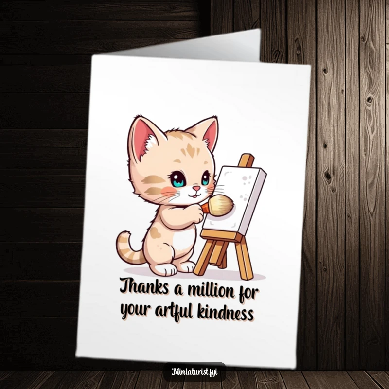 Funny Free Printable Thank You Card featuring a tiny kitten painter with a giant brush, creating art on a tiny easel.