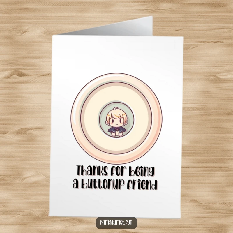 Funny Free Printable Thank You Card: Tiny character peeking from a giant, upside-down button, a charming thank you.