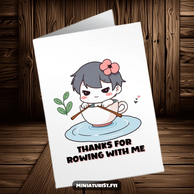 Funny Free Printable Thank You Card: A determined miniature figure rows a teacup across a puddle, a journey of gratitude.