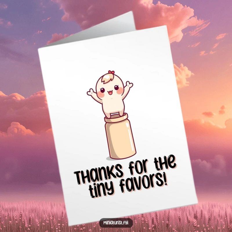 Funny Free Printable Thank You Card: Character balances on a thimble, arms flailing, a quirky DIY thank you.