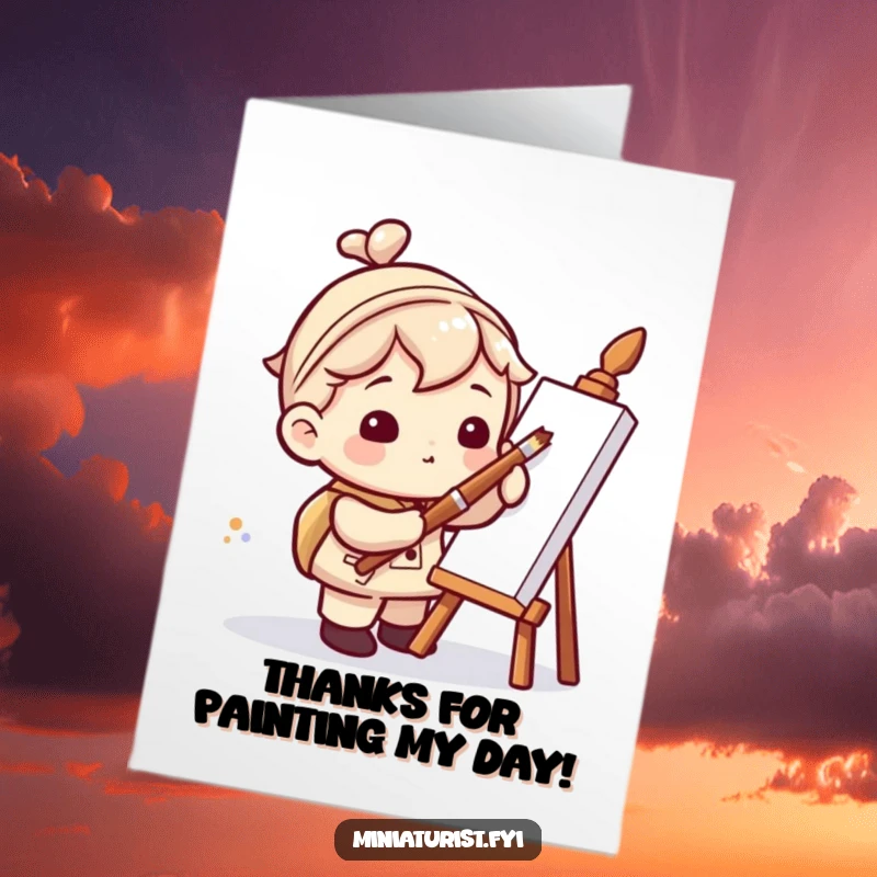Funny Free Printable Thank You Card: Tiny artist using a massive paintbrush to paint a small dot, a charming gesture.