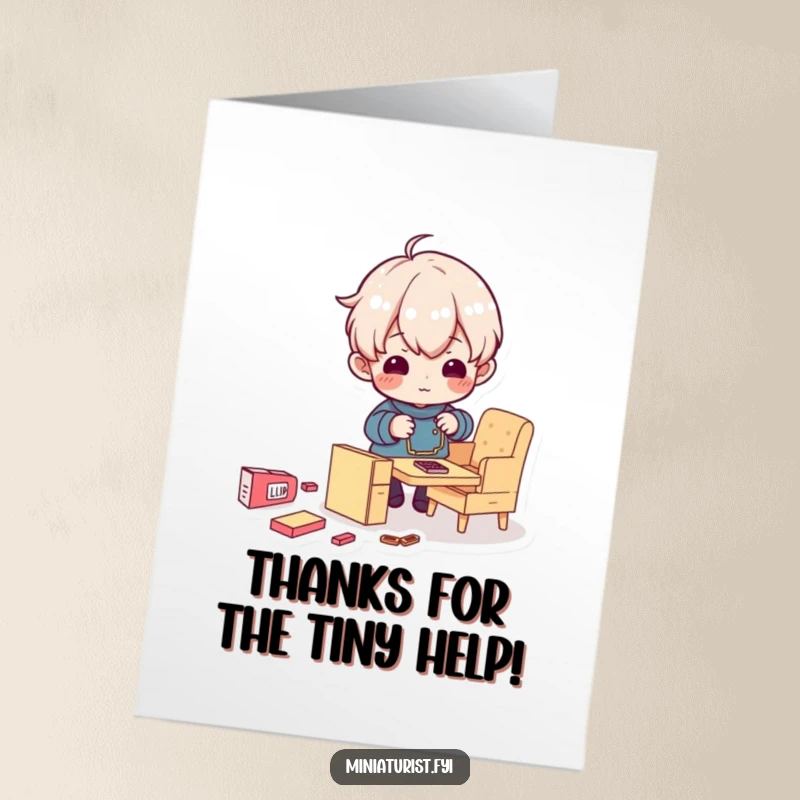Funny Free Printable Thank You Card: Tiny character happily puts together a tiny chair, a humorous and grateful DIY gift.