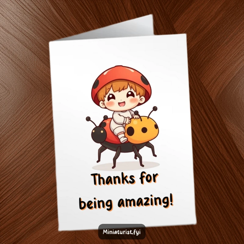 Funny Free Printable Thank You Card: A small figure rides a ladybug, delivering thanks with glee.