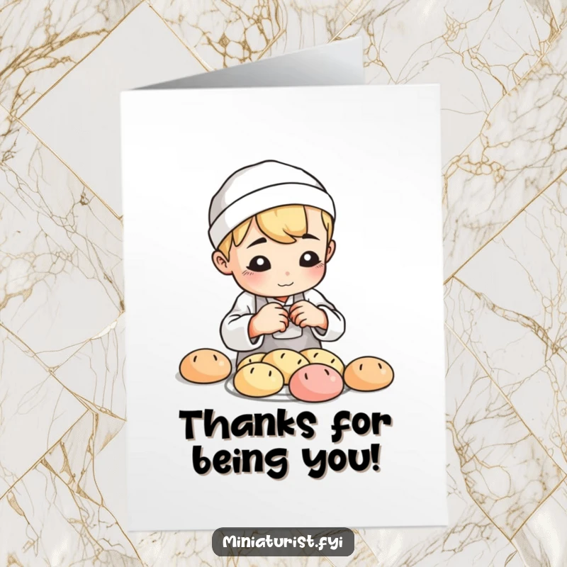 Funny Free Printable Thank You Card: A small baker concentrating playfully while shaping tiny bread loaves.