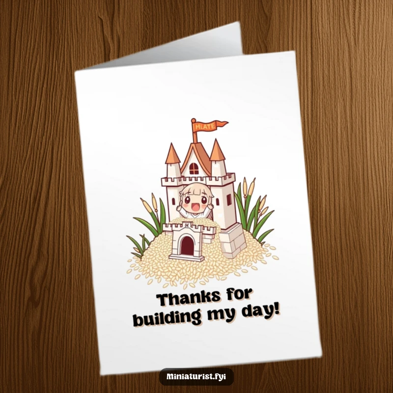 Funny Free Printable Thank You Card: Small character excitedly building a castle from rice grains, offering heartfelt thanks.