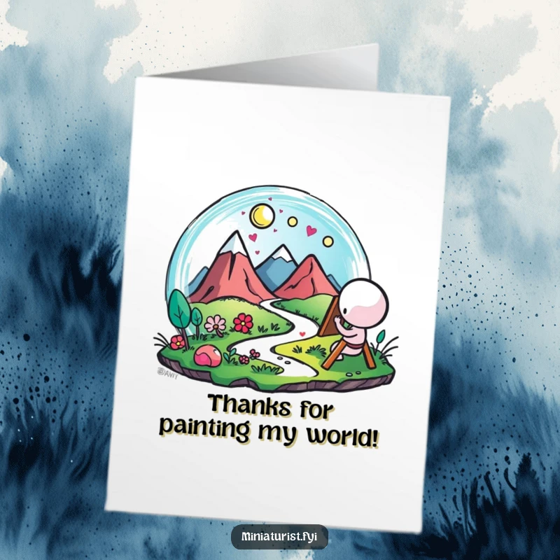 Funny Free Printable Thank You Card: A tiny figure enthusiastically painting a microscopic landscape with colorful strokes.
