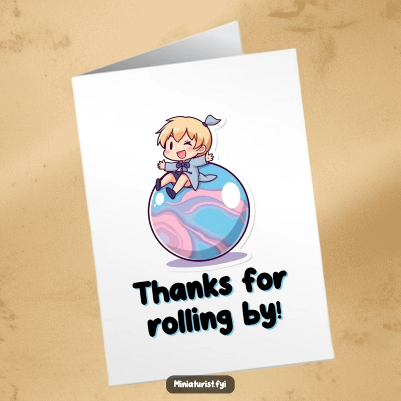 Funny Free Printable Thank You Card: Character Riding a Rolling Marble, Sending Gratitude in a Joyful, Dynamic Motion.