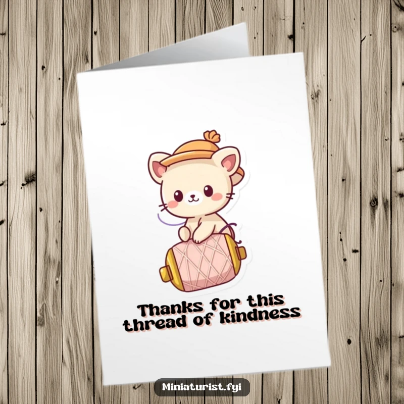 Funny Free Printable Thank You Card depicting a cute animal character in a small hat riding a fast-unraveling spool of thread.