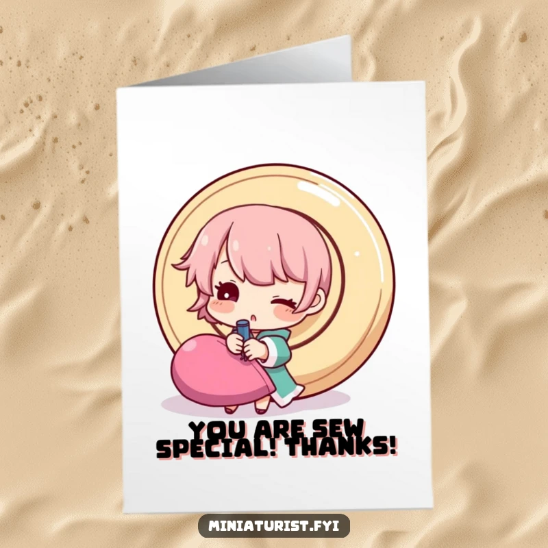 Funny Free Printable Thank You Card: A small character winks while hilariously engaged in the task of sewing an enormous button.