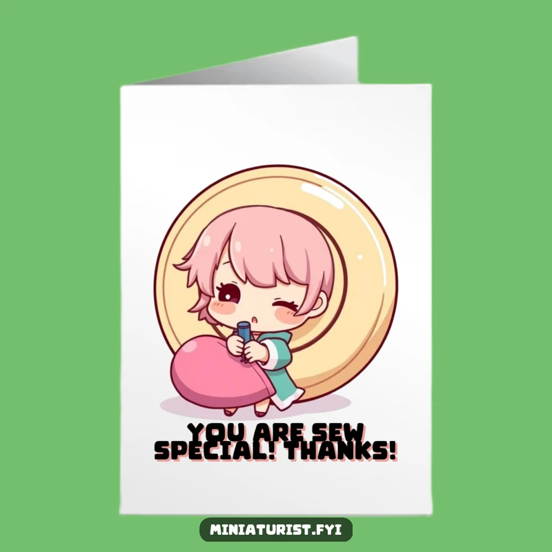 Free Printable Thank You Card: Tiny Character's Big Sewing Task, Funny Gratitude Downloadable Gift