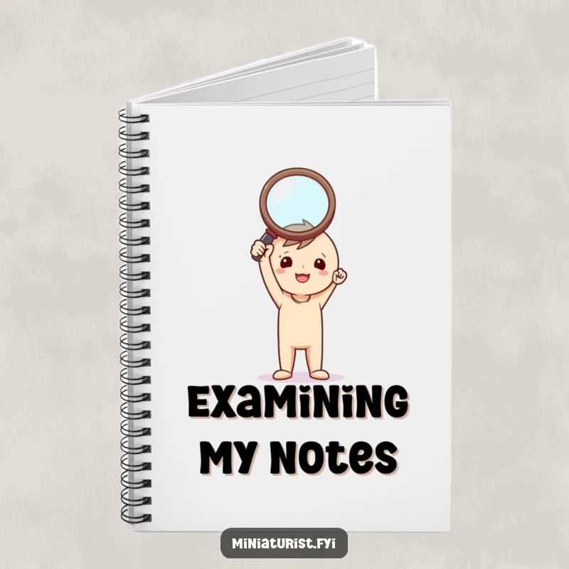 Funny Investigator Notebook: Tiny triumphant figure holding a comically large magnifying glass, ideal for jotting down clues.