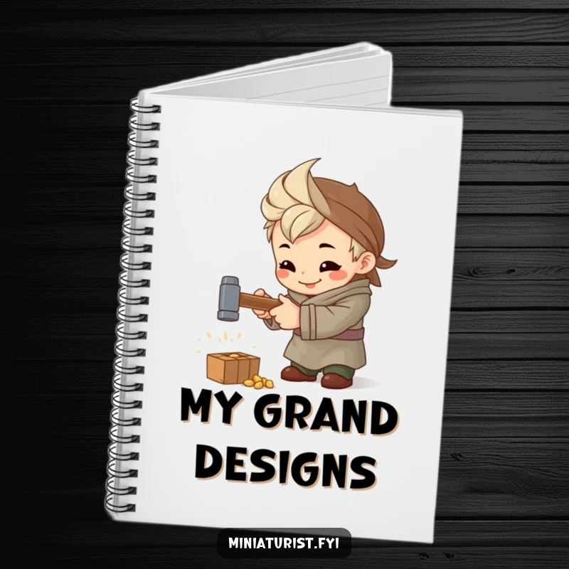 Funny Artisan Hammer Notebook, journal with a tiny artisan hammering intently, ideal for jotting down focused plans.