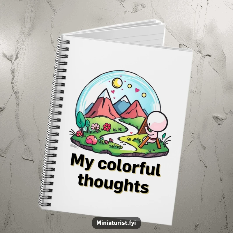 Funny Artist Landscape Notebook, journal with a small figure painting a miniature landscape with vibrant, happy strokes, for sketching.