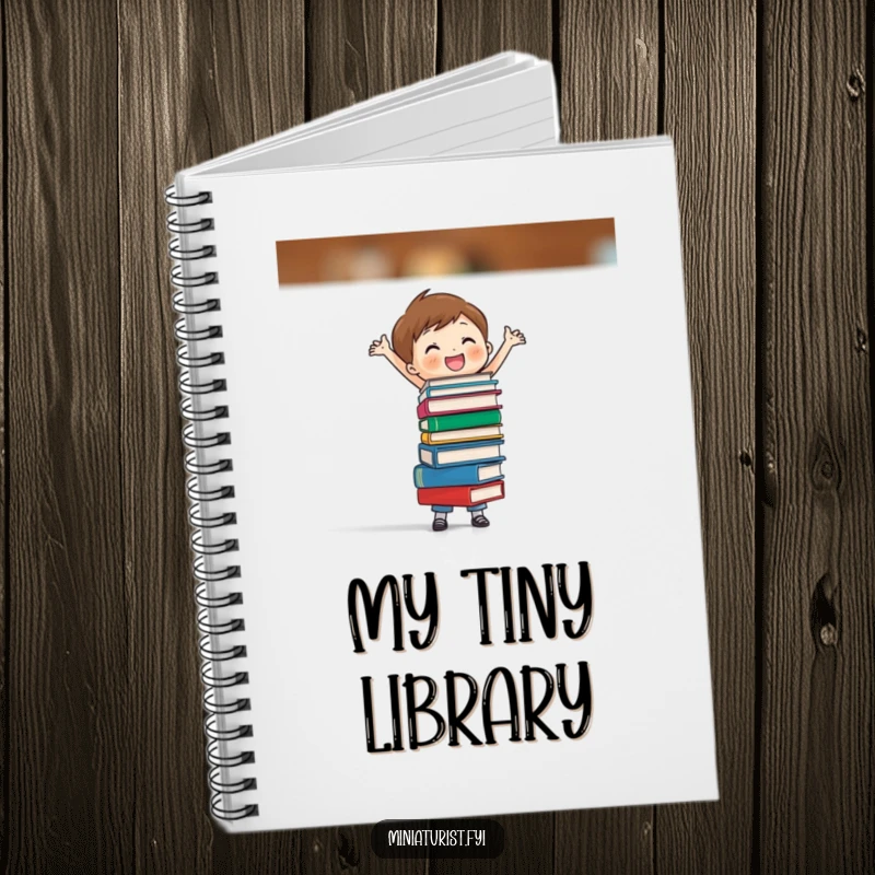 Funny notebook cover with a miniature character balancing books, symbolizing intellect, dedication, and a playful approach to learning.